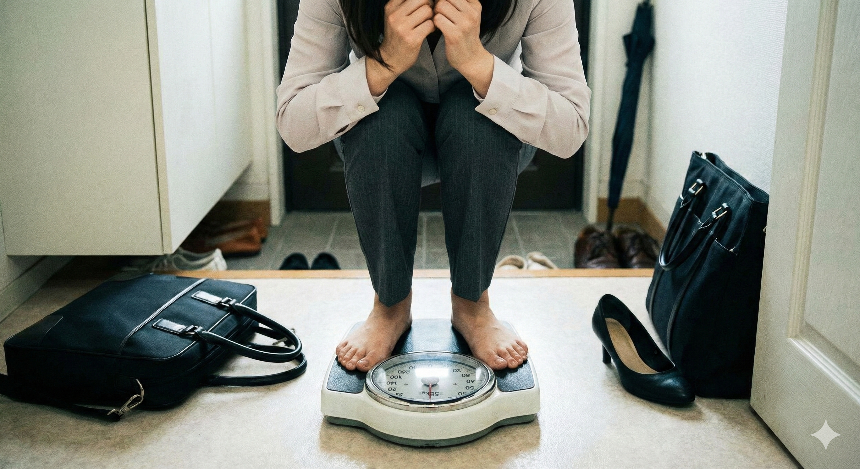 다이어트 중 체중 정체기를 겪고 있는 여성, 체중계 눈금