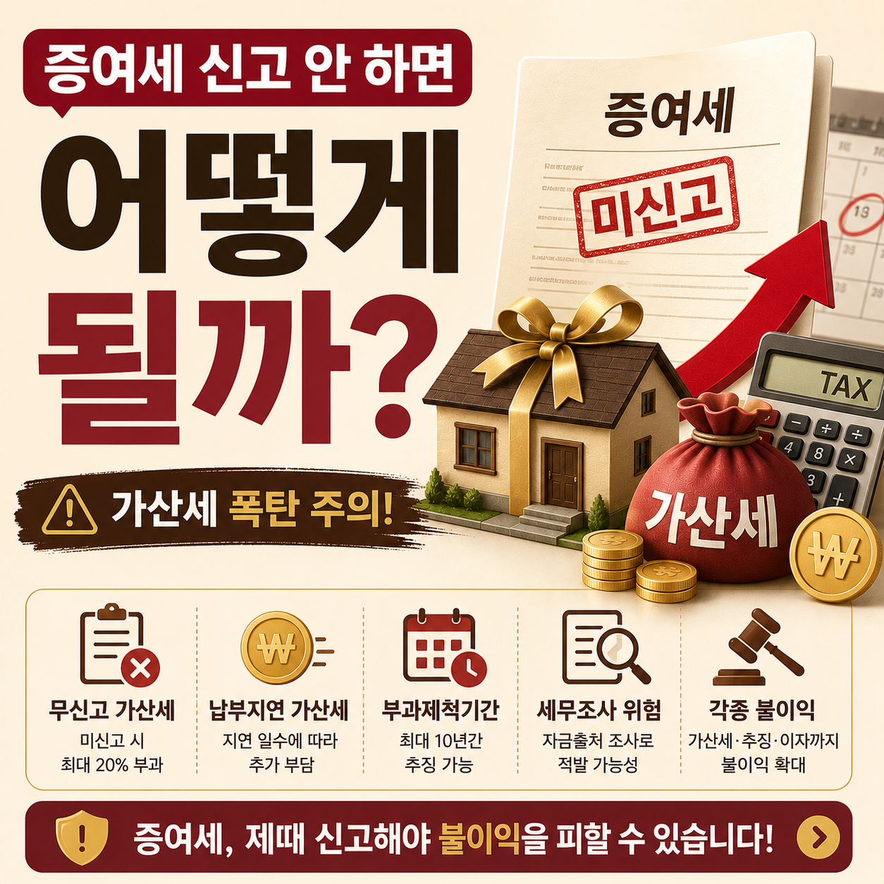 증여세 신고 안 하면 가산세가 붙는 과정을 보여주는 이미지