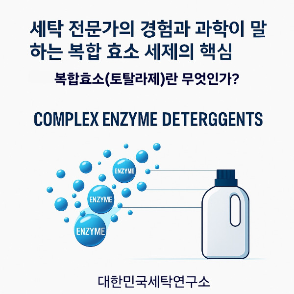 세탁 전문가의 경험과 과학이 말하는 복합 효소 세제의 핵심을 설명하는 인포그래픽. 파란색 ENZYME 분자들이 세제병으로 연결되는 구조와 함께 'COMPLEX ENZYME DETERGENTS' 문구가 표시됨.