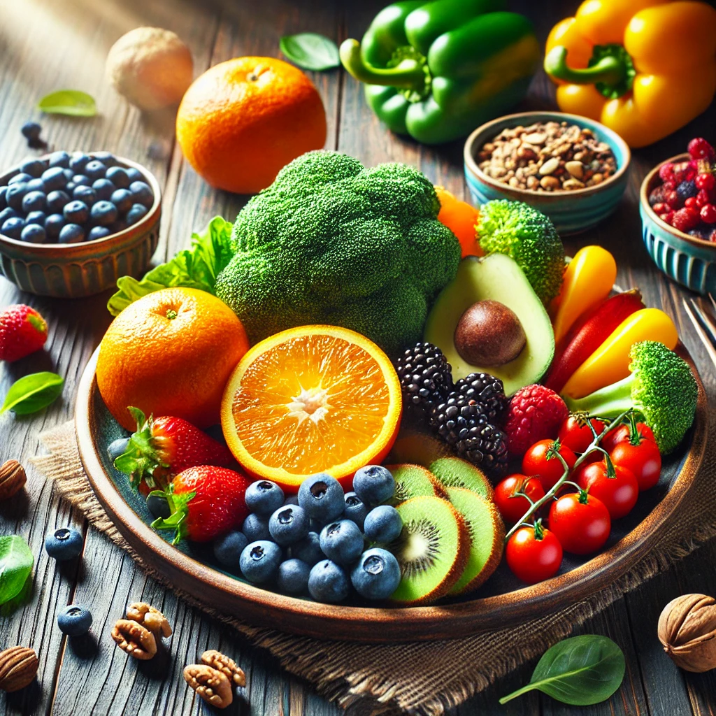 나무 테이블 위에 오렌지&amp;#44; 베리&amp;#44; 브로콜리&amp;#44; 피망 등 다양한 색상의 과일과 채소가 아름답게 배열된 접시. 작은 견과류와 씨앗 그릇이 함께 배치되어 있으며&amp;#44; 신선한 식재료가 강조됨