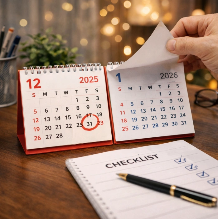 12월에서 1월로 넘어가는 달력과 체크리스트로 2026년 정부지원금 준비를 시작하는 장면