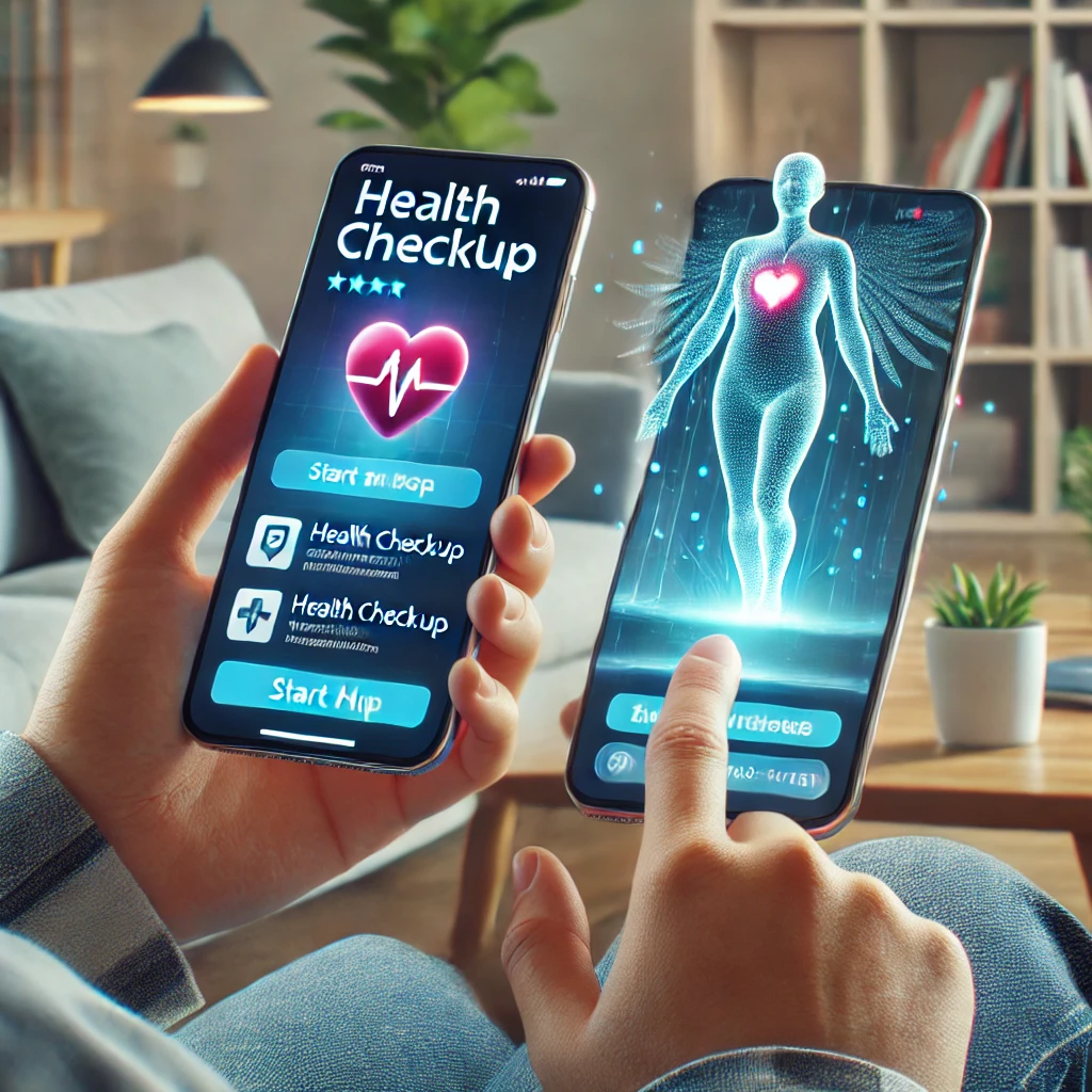 스마트폰으로 건강검진 앱을 다운로드하는 사람의 모습. 앱 스토어 화면에 다양한 건강검진 앱이 표시되어 간편한 시작 과정을 강조함