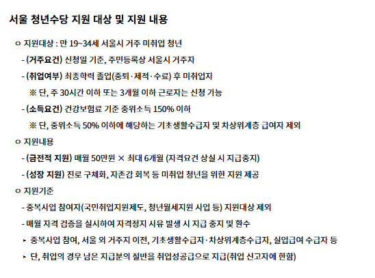 서울 청년수당 지원 대상 및 지원내용 포스터