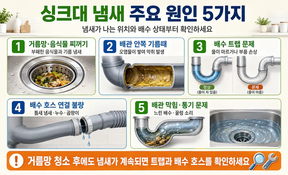 싱크대 냄새 주요 원인 5가지인 음식물 찌꺼기, 배관 기름때, 배수 트랩 문제, 배수 호스 연결 불량, 배관 막힘 비교