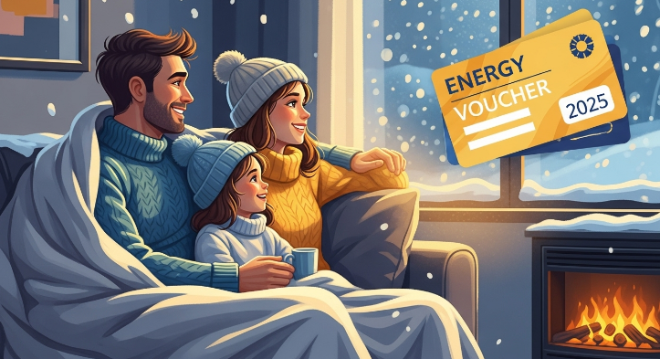 겨울철 따뜻한 집에서 담요를 덮고 웃고 있는 가족의 모습, 에너지 바우처로 난방비 걱정을 덜고 따뜻한 겨울을 보내는 희망을 상징합니다.