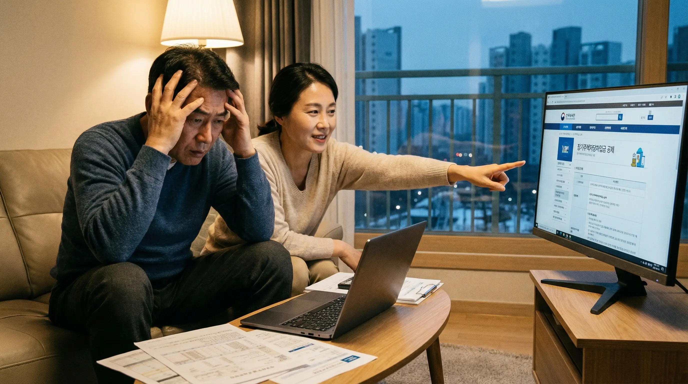 연말정산 시 전세자금 대출 공제가 불가능함을 깨닫고 당황하는 집주인과 장기주택저당차입금 공제라는 대안을 발견하는 모습