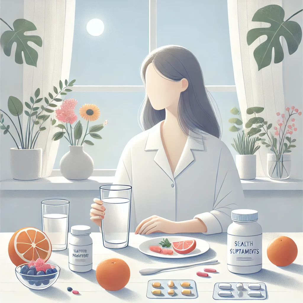 아침 햇살이 비치는 창가에서 건강보조제를 챙기며 물을 마시는 여성. 과일, 영양제, 물이 함께 놓인 상차림으로 아침 루틴을 보여주는 따뜻한 분위기의 일러스트