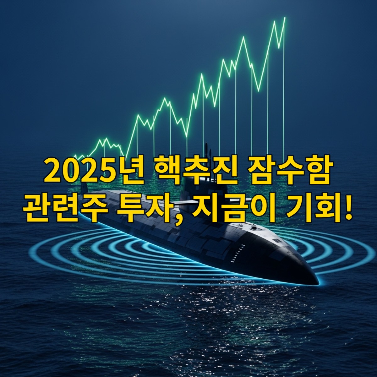 심해를 가르는 핵추진 잠수함과 상승하는 주식 그래프가 함께 있는 이미지, 핵추진 잠수함 관련주 투자와 미래 성장을 상징.