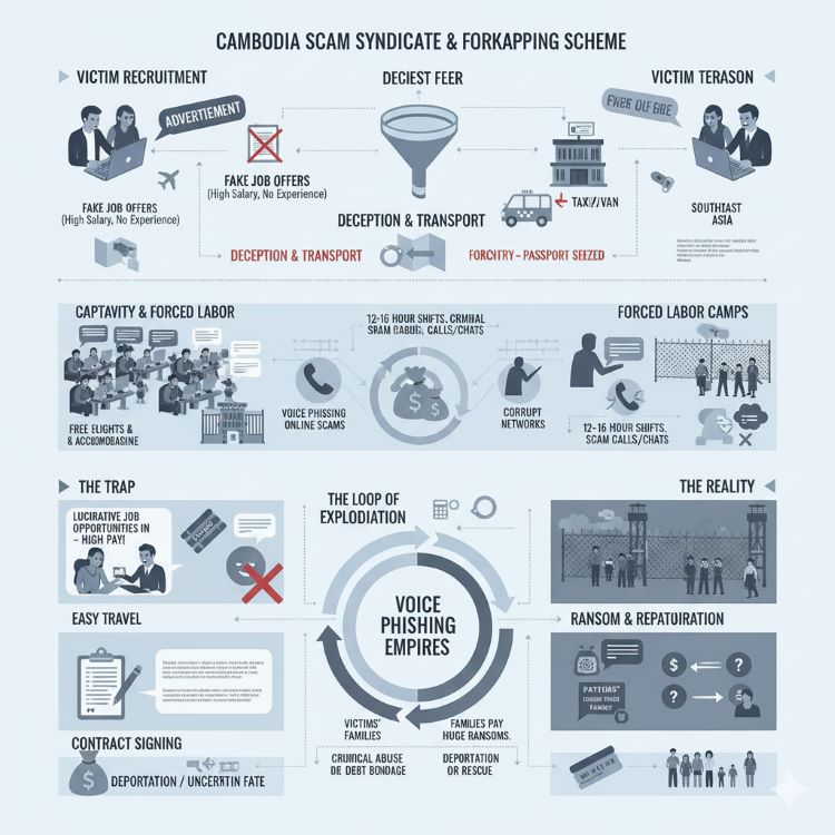 캄보디아 보이스피싱 조직과 납치 사건의 구조를 시각화한 인포그래픽 &mdash; 피해자 모집&middot;감금&middot;강제 노동&middot;송환 절차를 보여주는 다층적 그래픽
