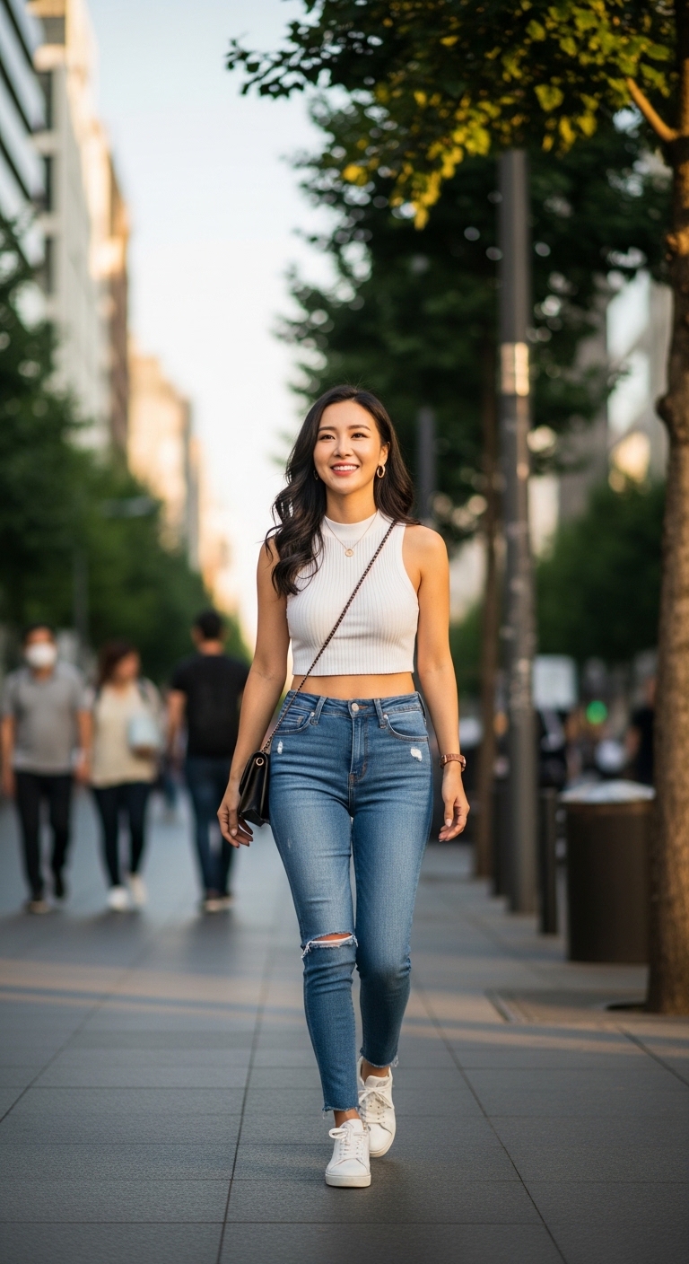 크롭탑을 세련되게 입은 모델이 밝게 웃으며 거리를 걷는 모습