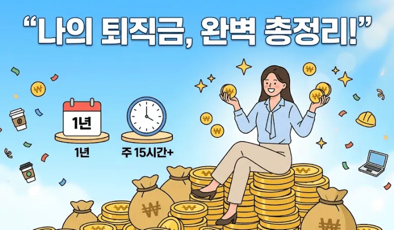 퇴직금 지급 조건: 상단에 "나의 퇴직금, 완벽 총정리!"라는 문구가 적힌 밝은 분위기의 일러스트입니다. 푸른 하늘 아래, 한 직장인 여성이 원화(₩) 표시가 된 거대한 금화와 돈자루 더미 위에 앉아 환하게 웃으며 양손에 동전을 들고 있습니다. 그 옆에는 퇴직금의 핵심 조건인 '1년'이 적힌 달력과 '주 15시간+'를 뜻하는 시계 아이콘이 나란히 놓여 있습니다. 주변으로는 커피컵, 노트북, 안전모 등 다양한 근로 형태를 상징하는 요소들과 축하 꽃가루가 흩날립니다. 퇴직금 수령 조건을 명확히 충족하고 정당하게 보상받는 기쁨을 직관적으로 표현