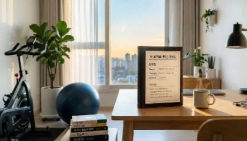 700리터 비움 후 정돈된 거실에서 실내 자전거와 본깨적 바인더로 실천하는 뇌 최적화 루틴 가이드 사진 (A photo of a brain optimization routine guide with a binder and indoor bike in a decluttered living room)