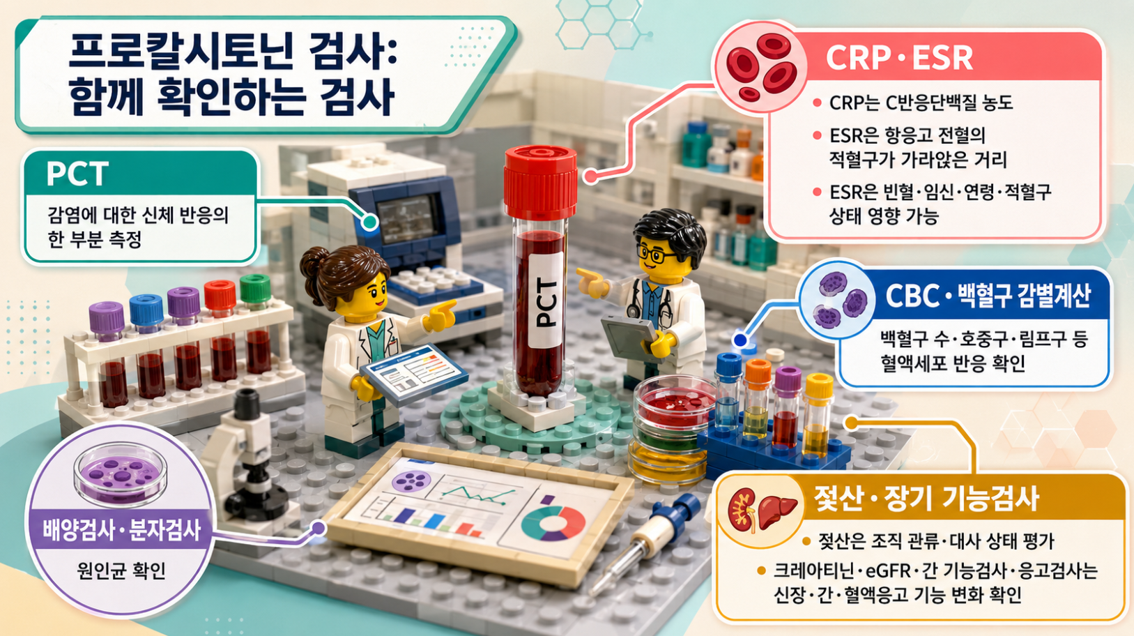 프로칼시토닌(PCT)와 CRP, ESR, CBC, 배양검사, 젖산 및 장기 기능검사를 함께 확인하는 이유를 비교 설명하는 레고 스타일 메디컬 인포그래픽