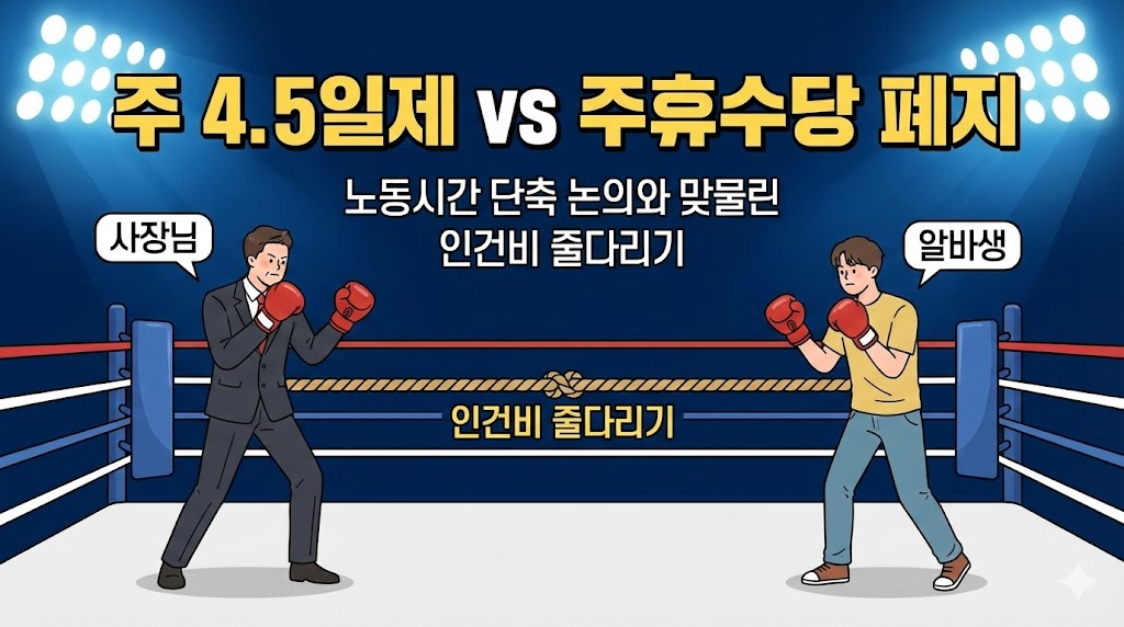 사장님과 알바생이 권투 링 위에서 대치하는 모습을 통해, 주 4.5일제 도입과 주휴수당 폐지를 둘러싼 노사 간의 팽팽한 줄다리기를 상징적으로 묘사했습니다.