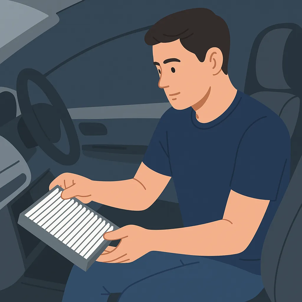 자동차 실내에서 에어컨 필터를 교체하는 남성