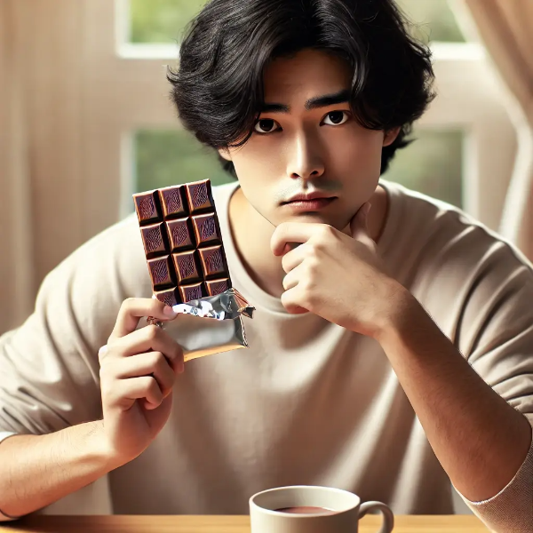 초콜릿을 손에 들고 고민스러운 표정으로 식탁에 앉아 있는 젊은 동양 남성