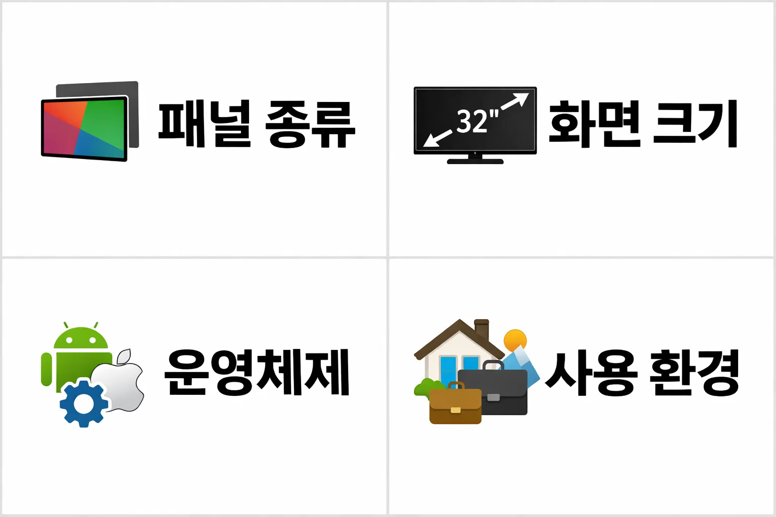 가성비 TV 구매 시 패널 종류와 화면 크기 운영체제 차이에 따라 화질과 사용 편의성이 어떻게 달라지는지 비교한 기준 설명 이미지