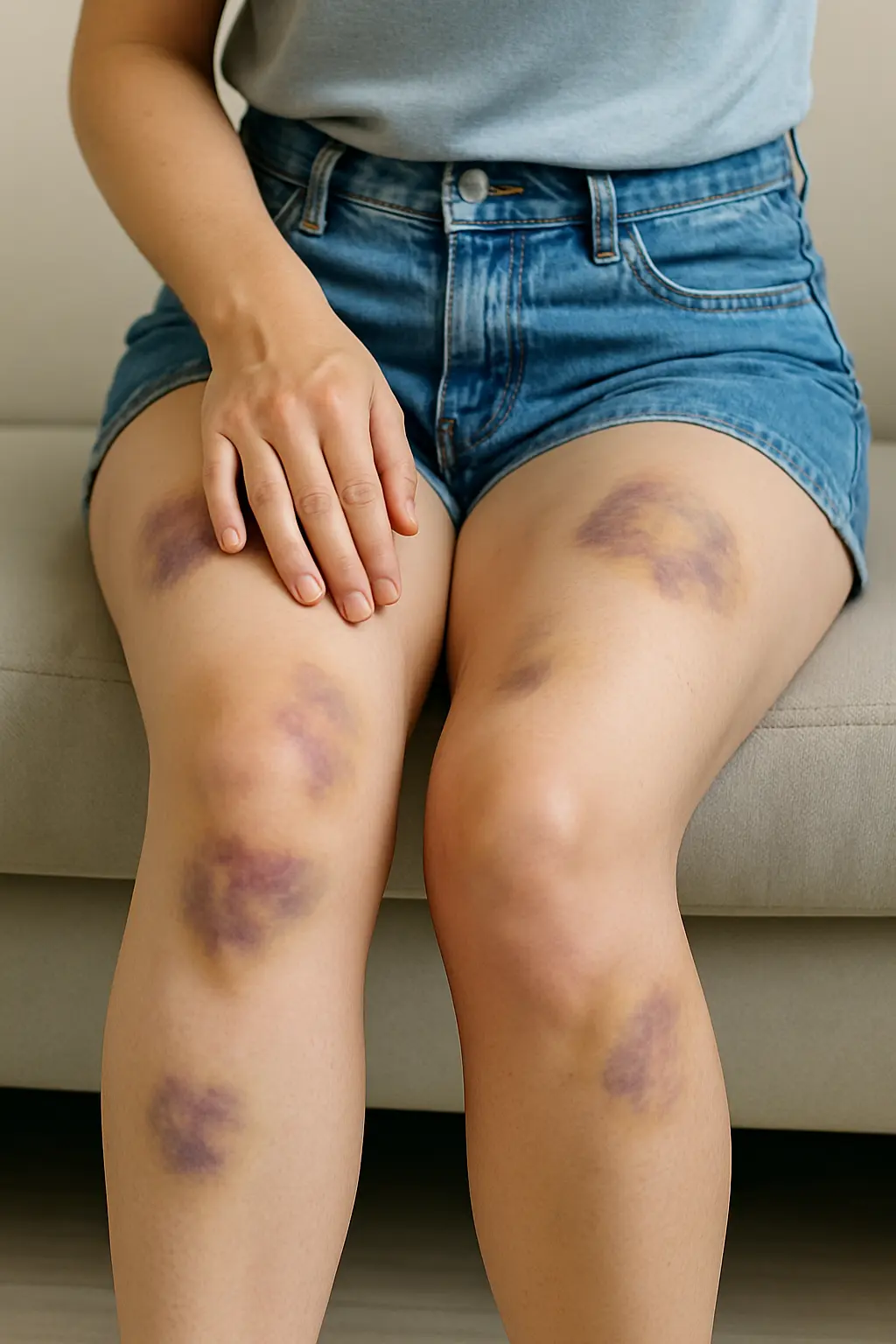 라이트-그레이-소파에-앉아-청-데님-쇼츠를-입은-사람의-허벅지와-종아리에-보라색과-노란색-여러-멍이-선명하게-나타난-클로즈업-장면