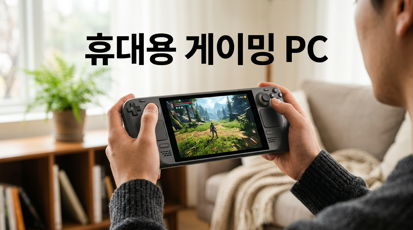 휴대용 게이밍 PC를 손에 들고 게임하는 사진