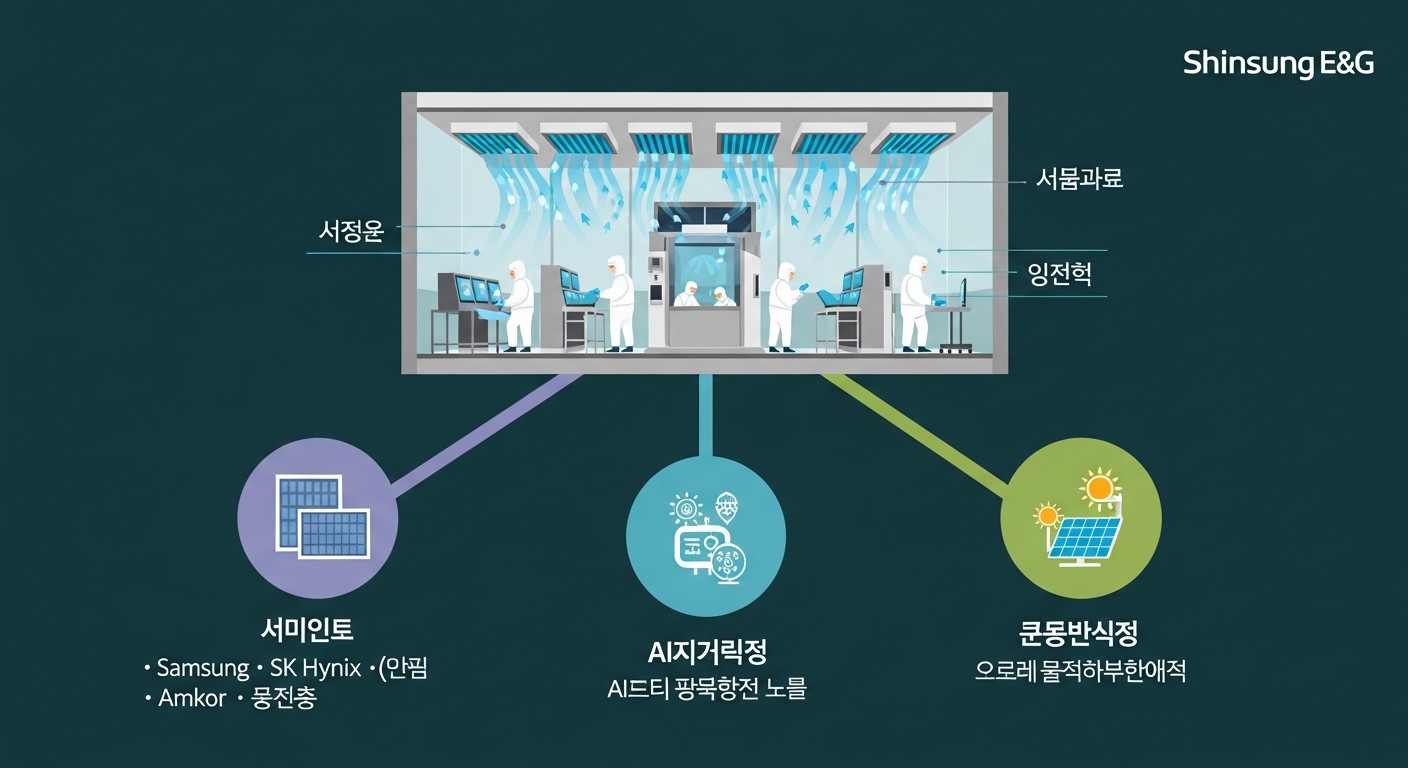 Shinsung E&G cleanroom business structure infographic, dark teal background, center cutaway diagram of semiconductor cleanroom showing FFU fan filter units on ceiling clean airflow arrows, workers in bunny suits, three connected segments semiconductor fab Samsung SK Hynix Amkor, AI data center precision cooling, solar renewable energy, Korean labels 클린룸 FFU 공조 반도체 AI냉각 재생에너지, professional flat infographic style
