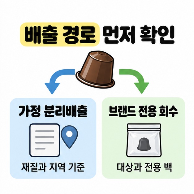 사용한 캡슐의 배출 경로를 가정 분리배출과 브랜드 전용 회수로 나누고 각각 재질 및 지역 기준과 대상 및 전용 백을 확인하는 도식