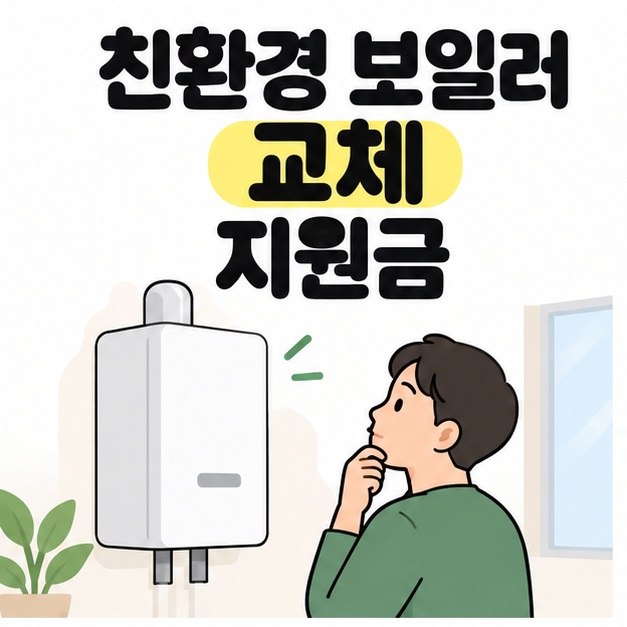 친환경 보일러 교체 지원금 제목 아래 성인이 벽에 설치된 흰색 보일러를 살펴보는 그림