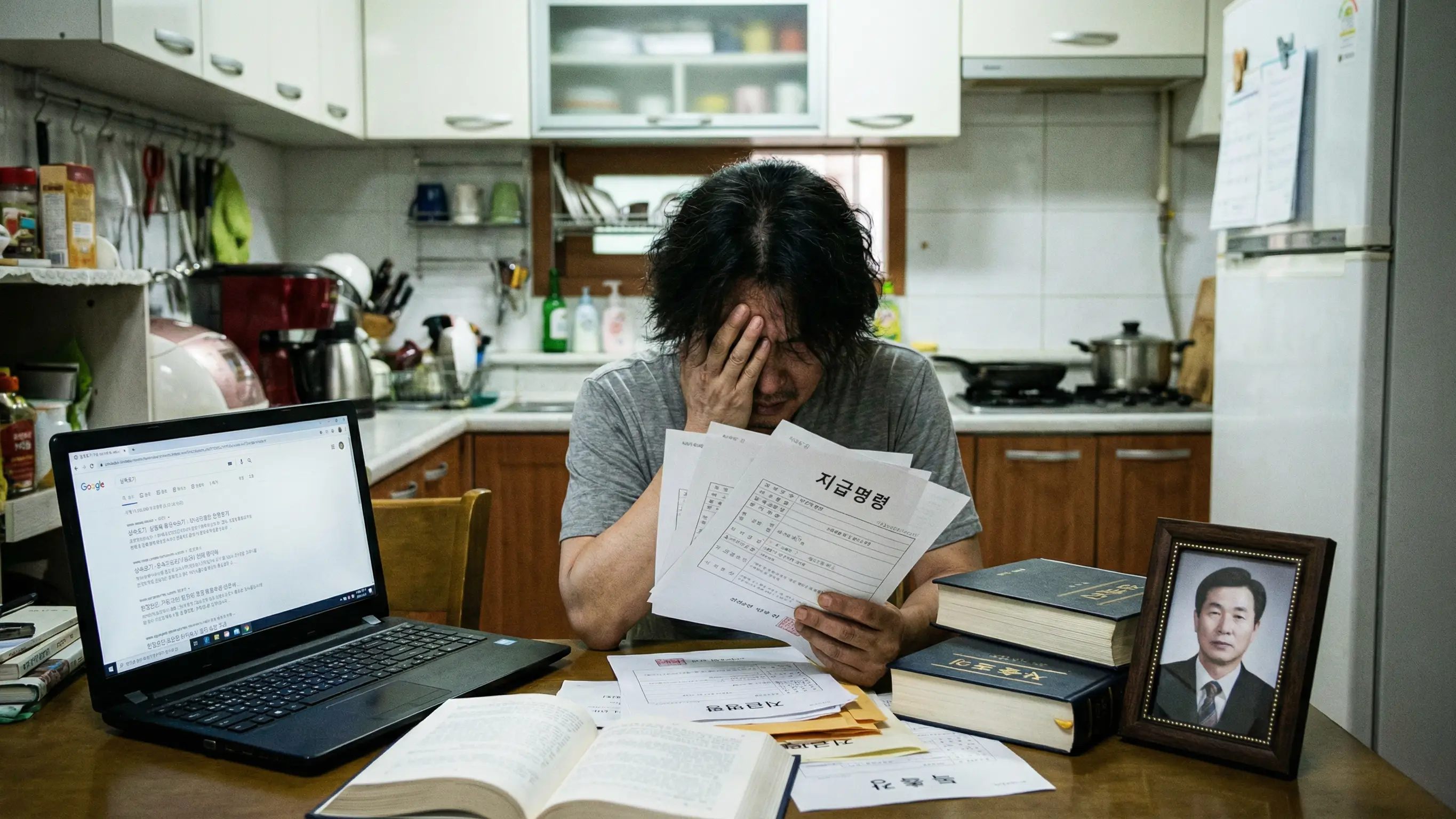 가족의 사망 후 날아온 빚 독촉장을 들고 당황하며 법적 대응 방법을 고민하는 상속인의 모습