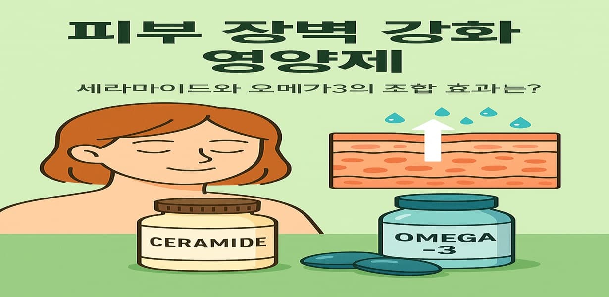 세라마이드와 오메가3 보충제, 여성 얼굴, 피부 단면과 보습 효과를 나타낸 피부 장벽 인포그래픽