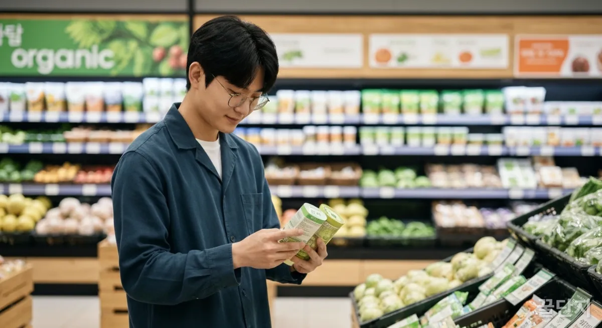 슈퍼마켓에서 건강식품 라벨을 꼼꼼히 확인하는 한국인