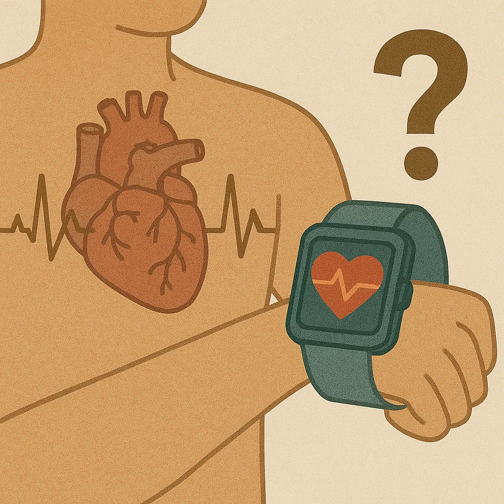 스마트워치-심박수-측정-정확성에-대한-의문을-상징적으로-표현한-일러스트-심장과-스마트워치-화면이-함께-그려진-이미지