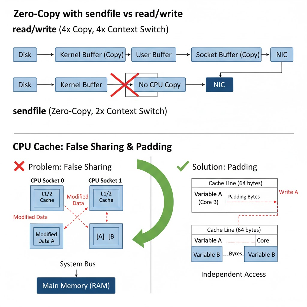 고성능 서버의 데이터 전송 최적화 메커니즘: epoll, Zero Copy, CPU 캐시 패딩 및 TCP BBR의 통합 흐름도