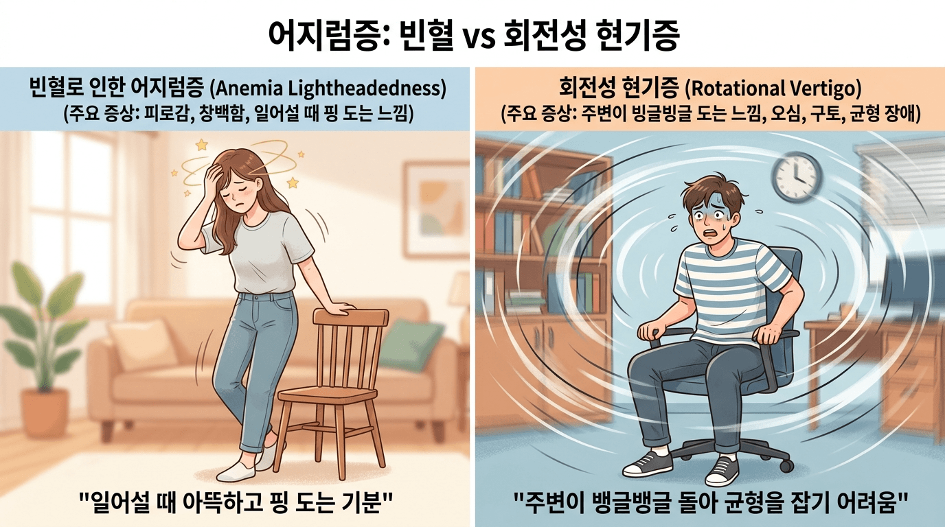 빈혈과 어지럼증의 관계를 팩트체크하는 일러스트