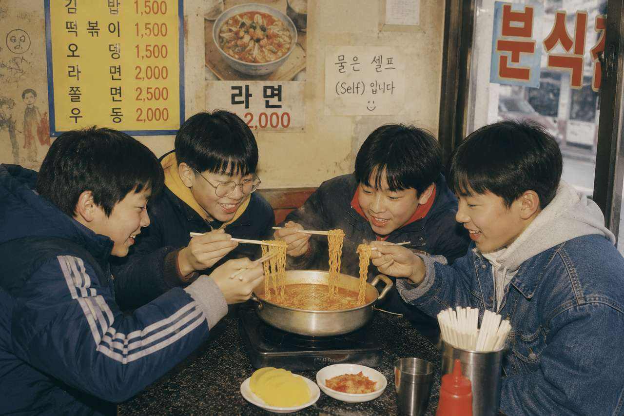 네 친구가 분식집 테이블 가운데 놓인 라면 한 그릇을 젓가락으로 함께 나눠 먹는 모습