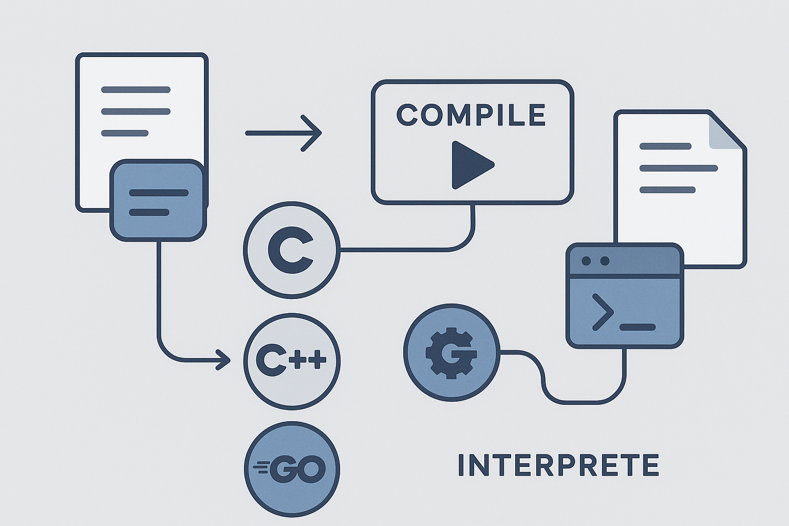 컴파일과 인터프리트 방식의 구조적 차이를 시각적으로 비교한 일러스트