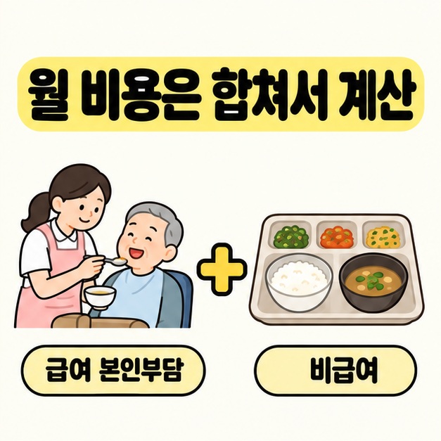월 비용은 합쳐서 계산이라는 문구 아래 식사를 돕는 직원과 어르신의 장면에 급여 본인부담을 표시하고 식판에 비급여를 표시한 더하기 구조