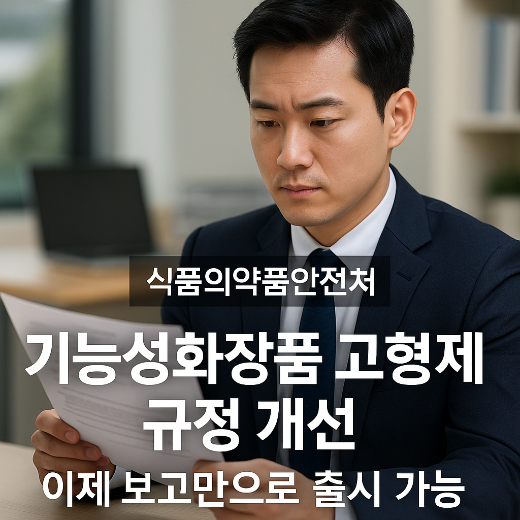 식품의약품안전처 규정 개정 문서를 검토하는 한국인 전문가가 사무실에서 고형제 기능성화장품 규제 개선 내용을 분석하는 장면, 보고만으로 출시 가능한 2025년 기능성화장품 제도 변화와 미백·주름개선 고형제 시장 대응 전략을 시각적으로 표현