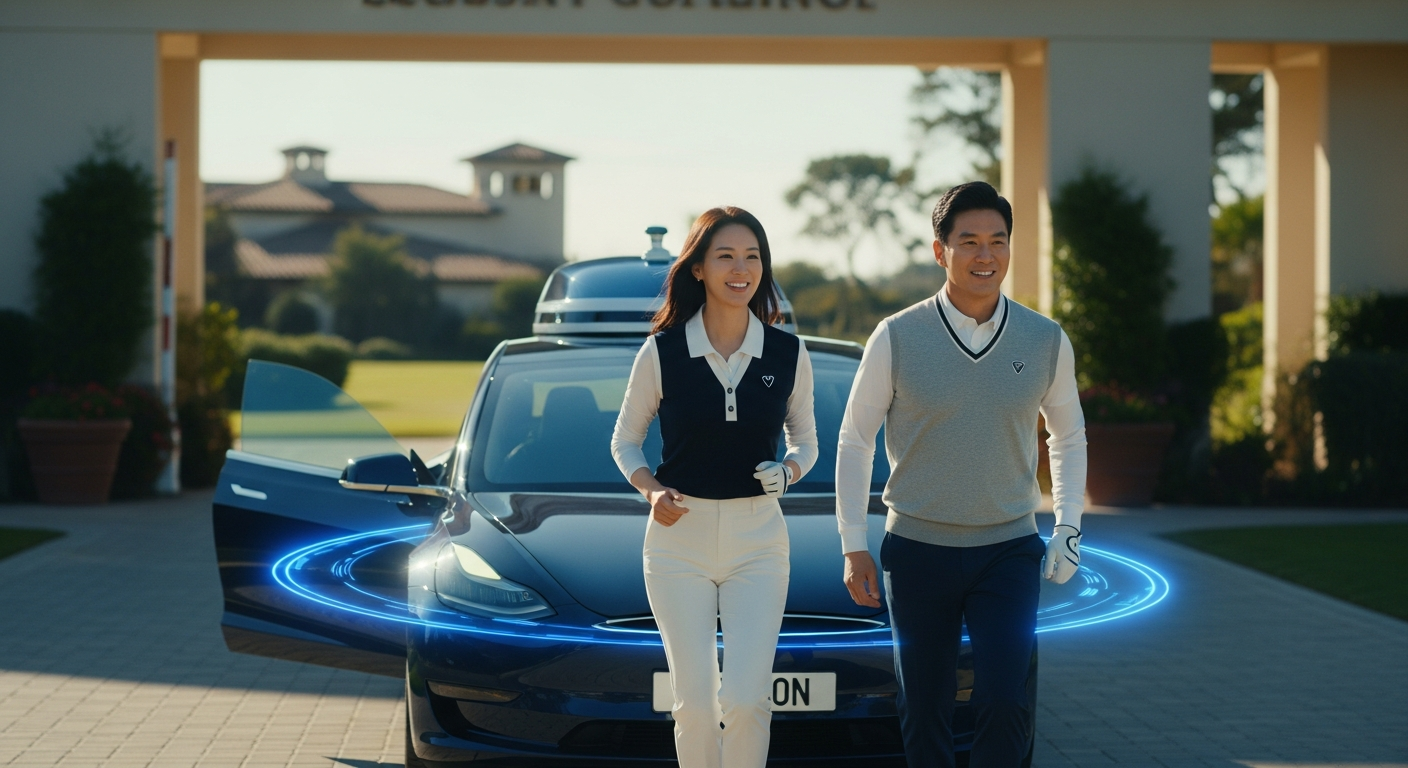 자율주행 기능의 도움을 받아 고속도로에서 편안하게 장거리 운전을 즐기는 중장년층 부부의 모습