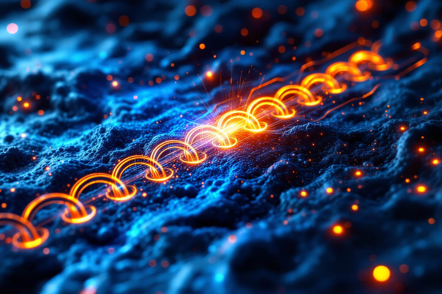 파란색의 에너지 흐름을 배경으로 오렌지색의 나선형 자기장이 이어진 이미지. 자기장의 구조가 과학적으로 표현되며, 강력한 에너지와 움직임이 강조됩니다