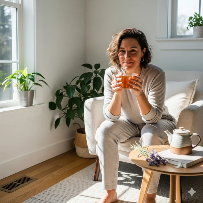 햇살이 잘 드는 방 안락의자에 앉아 허브차를 마시고 있는 사람.