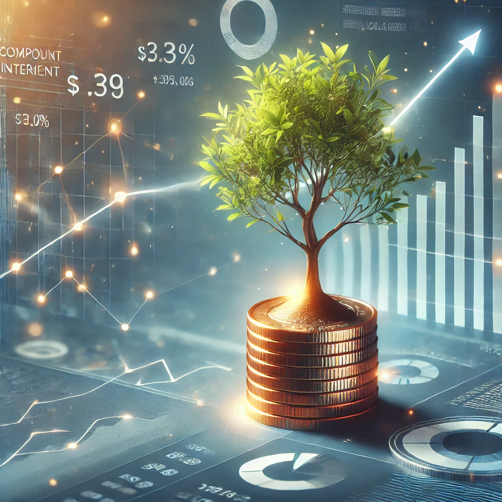 복리 효과와 장기 투자의 개념을 시각적으로 표현한 이미지입니다. 작은 동전에서 나무가 자라는 모습으로 시간이 지날수록 자산이 증가하는 것을 상징합니다.