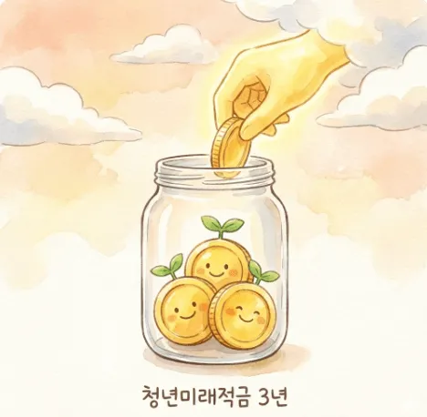 청년미래적금 2026:구름 속에서 금색 손이 '청년미래적금 3년'이라고 적힌 유리병 안에 금화를 넣고 있습니다. 병 안에는 웃는 표정의 금화 세 개가 새싹과 함께 담겨 있어, 3년 만기 시 받을 수 있는 풍성한 혜택과 희망찬 미래를 상징합니다