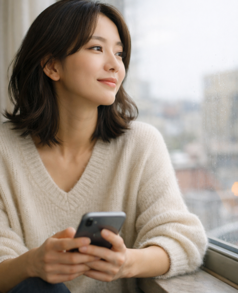연락이 늦어졌는데도 마음 편히 휴대폰을 들고 있는 여자