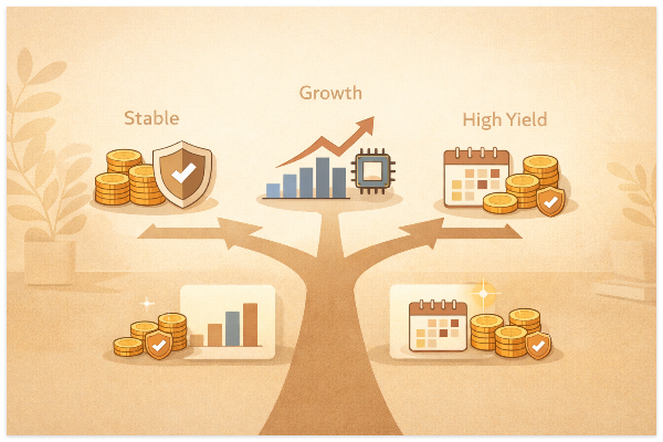 월배당 ETF 선택 기준을 갈림길처럼 보여주는 비교 일러스트