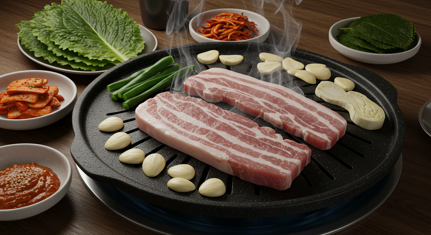 Samgyeopsal pork belly grilling on a hot plate with side dishes ❘ 삼겹살 구이와 곁들임 반찬