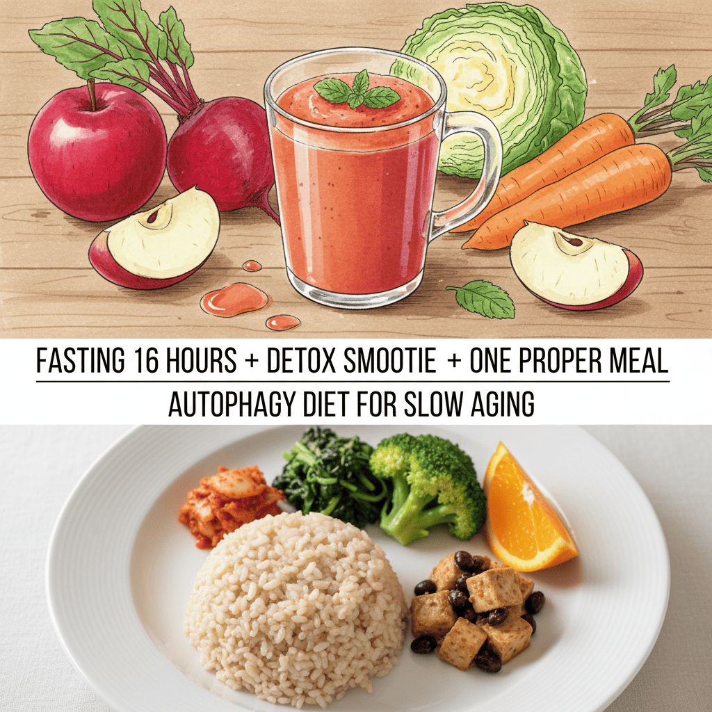 ABC·CCA 해독 스무디와 현미밥, 채소, 콩류, 과일로 구성된 저녁 한 끼 식단 사진, 오토파지 다이어트와 저속노화 식단 루틴 예시