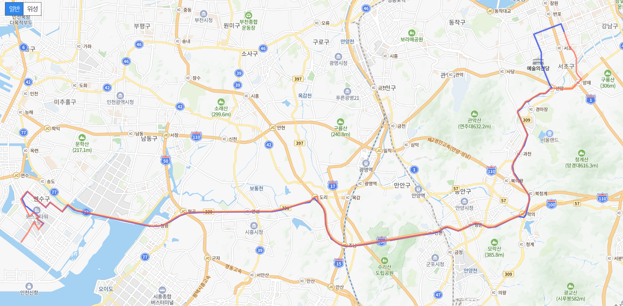 송도-강남 M6405번 버스 노선도