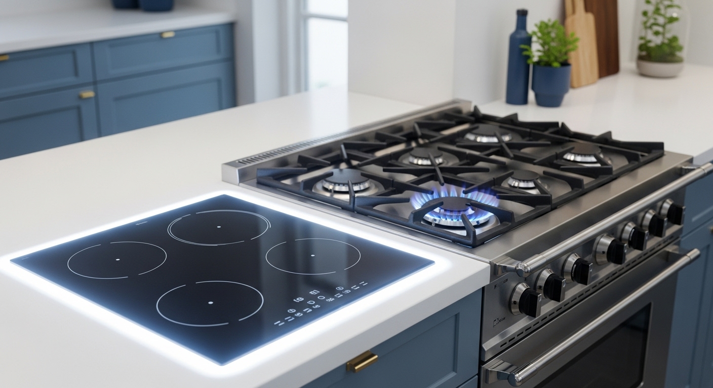 2025년 주방 트렌드를 반영한 현대적인 주방에서 가스레인지와 인덕션 전기레인지가 나란히 놓여 비교되는 모습. 깔끔하고 안전한 주방 가전을 강조.
