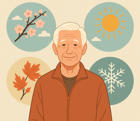 봄, 여름, 가을, 겨울 앞에 서있는 노인