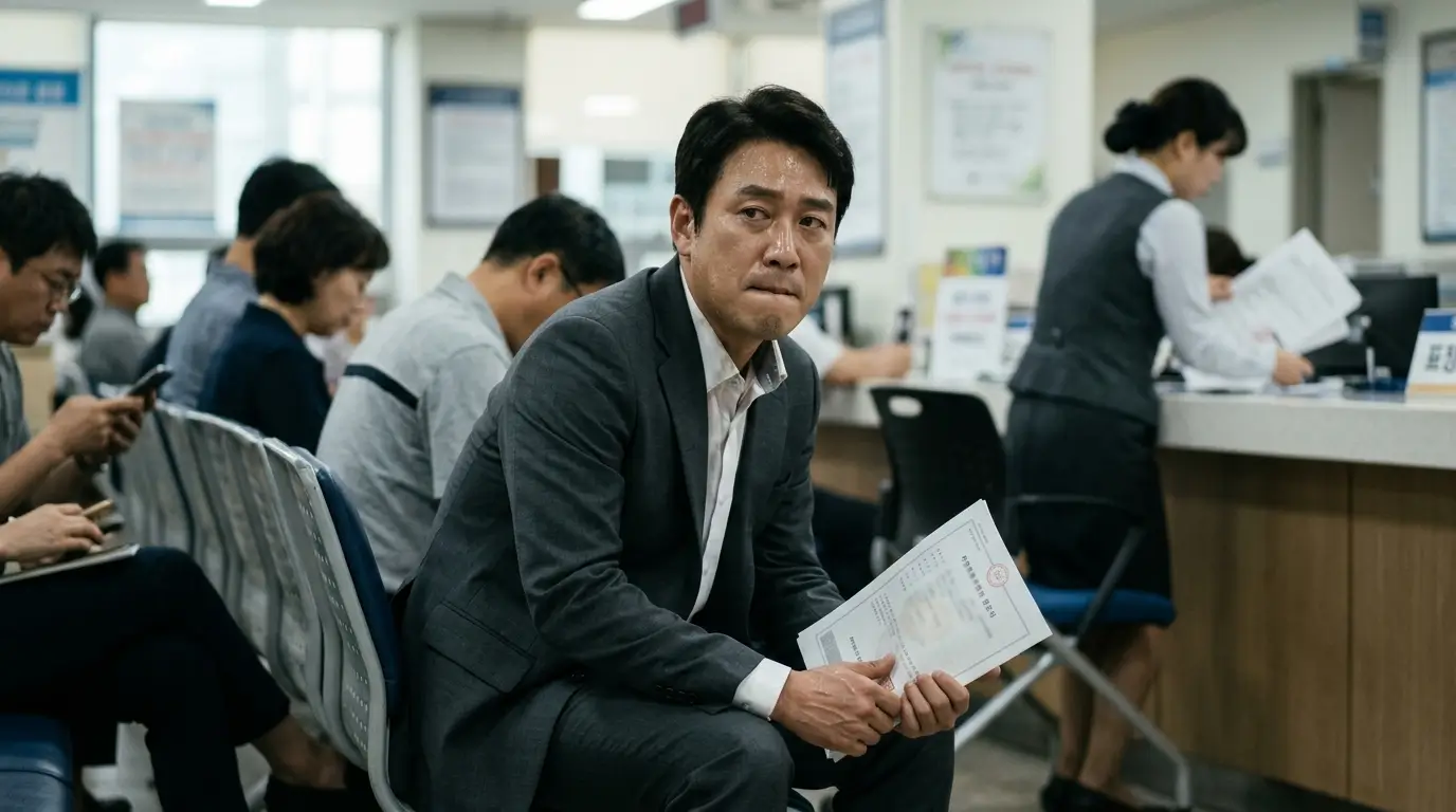 한국의 관공서 민원실 창구에서 40대 남성이 부동산 등기부등본을 쥐고 초조하게 심사 결과를 기다리는 모습