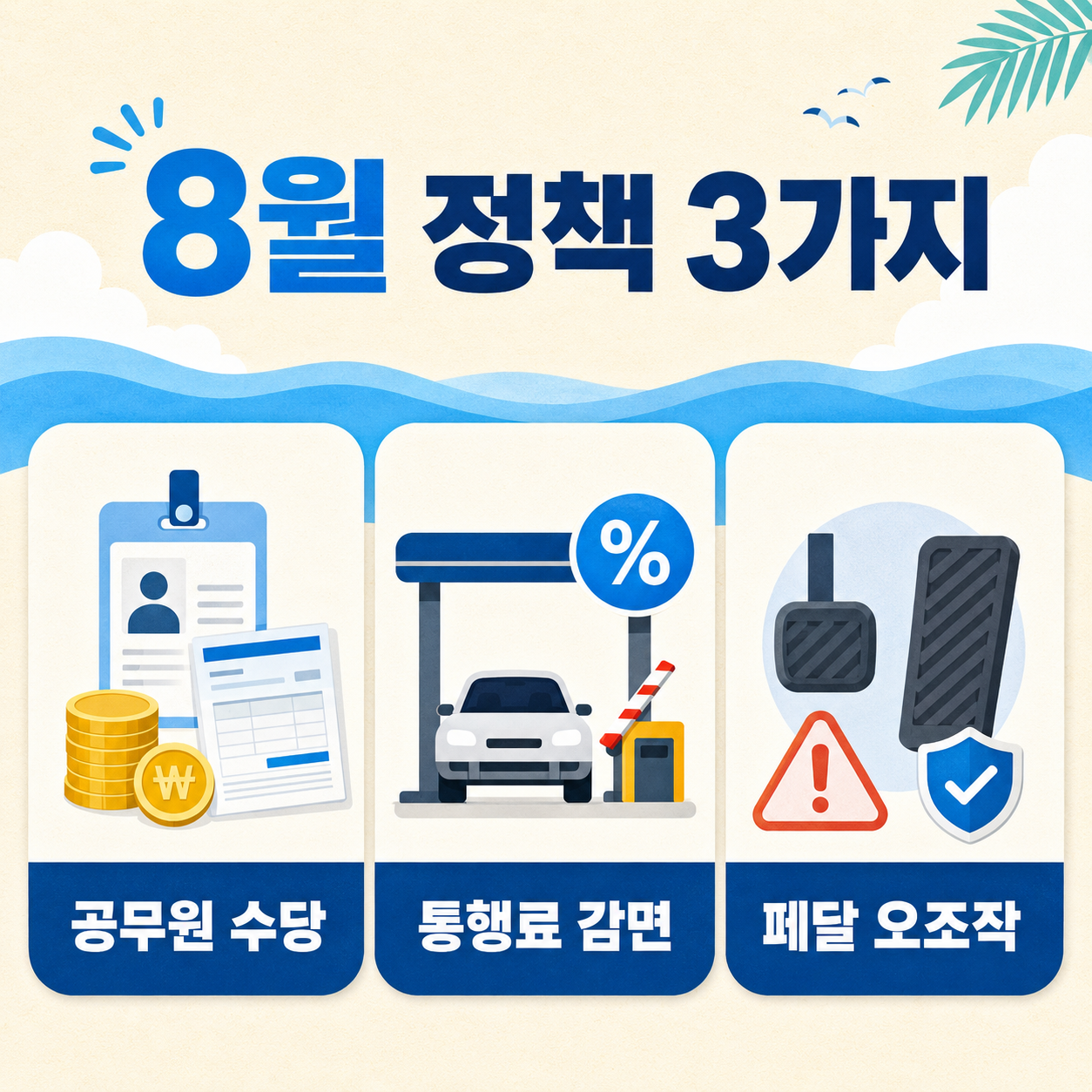 8월 정책 3가지를 소개하는 정사각형 인포그래픽.